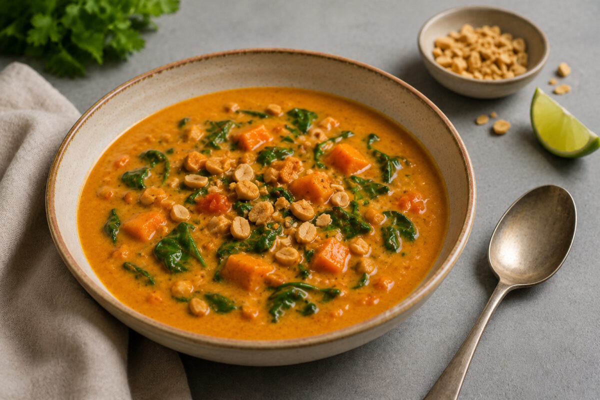 Fertig angerichtete Süßkartoffel-Erdnuss-Suppe mit Spinat, Süßkartoffelwürfeln und Erdnüssen, daneben Limette und Servierlöffel.