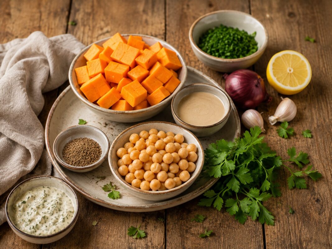 Zutaten- und Vorbereitungsansicht mit Süßkartoffel, Kichererbsen, Kräutern, Tahini, Zitrone und Gewürzen im gleichen rustikal-warmen Stil.