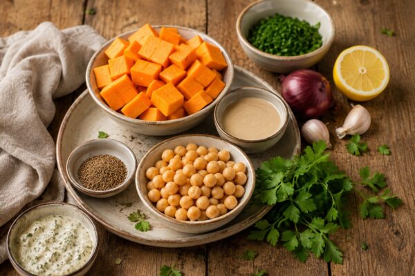 Zutaten- und Vorbereitungsansicht mit Süßkartoffel, Kichererbsen, Kräutern, Tahini, Zitrone und Gewürzen im gleichen rustikal-warmen Stil.