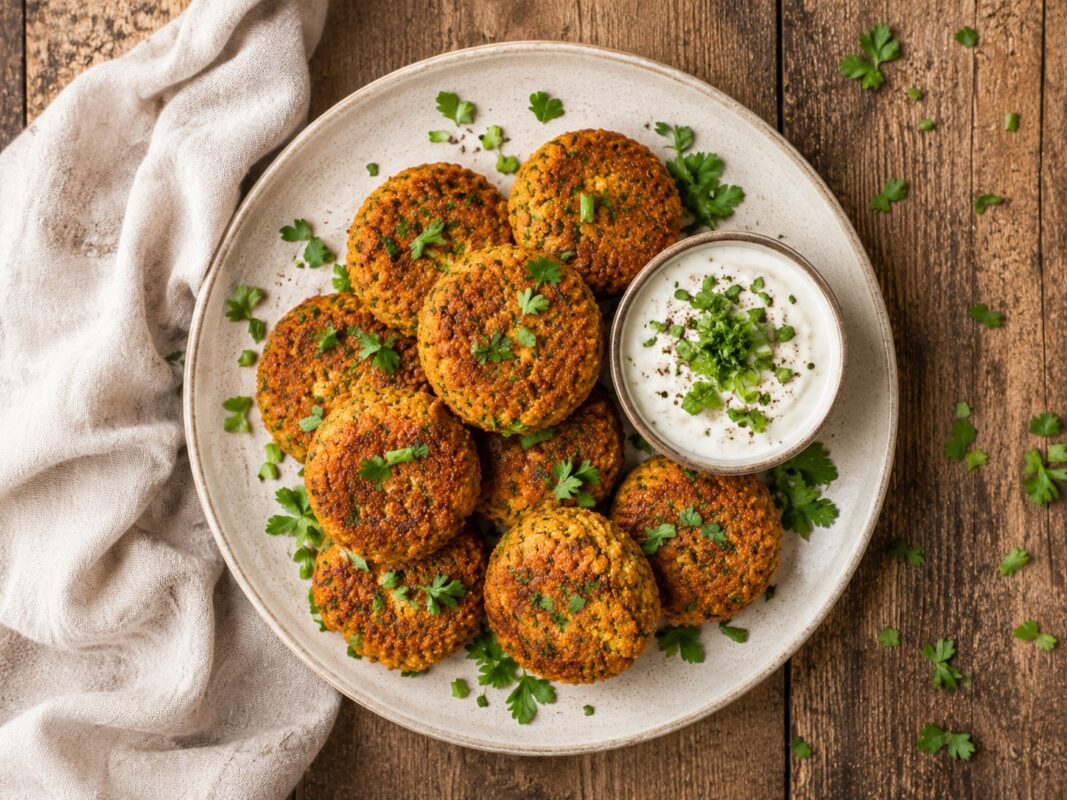 Draufsicht auf das fertige Gericht mit goldbraunen Süßkartoffel-Falafel und Kräuterdip auf hellem Teller.