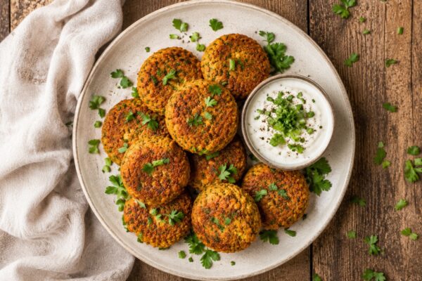 Draufsicht auf das fertige Gericht mit goldbraunen Süßkartoffel-Falafel und Kräuterdip auf hellem Teller.