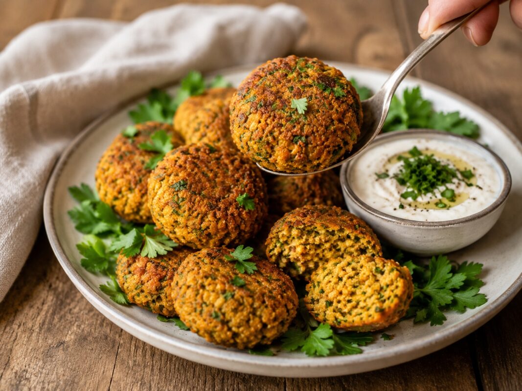 Serviersituation des fertigen Gerichts mit Süßkartoffel-Falafel, sichtbarer Textur und Kräuterdip im gleichen Setting.