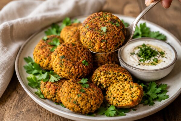 Serviersituation des fertigen Gerichts mit Süßkartoffel-Falafel, sichtbarer Textur und Kräuterdip im gleichen Setting.