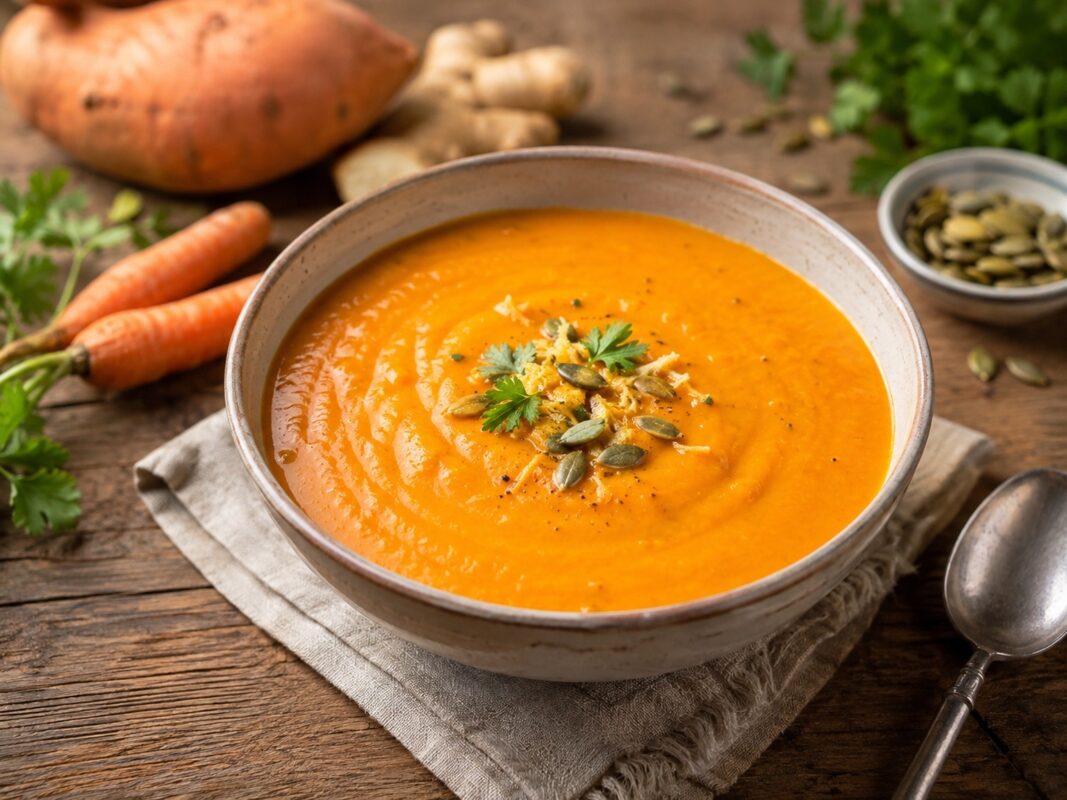 Eine glatte orange Cremesuppe in einer hellen Schale, mit Kernen und Kräutern garniert.