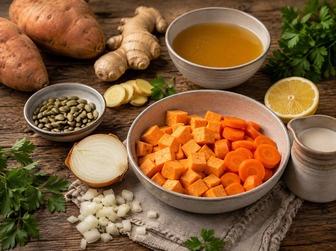 Zutaten- und Vorbereitungsansicht mit Süßkartoffeln, Möhren, Zwiebel, Ingwer, Brühe, etwas Kokosmilch oder Hafercuisine, Zitrone, Kernen und Petersilie.