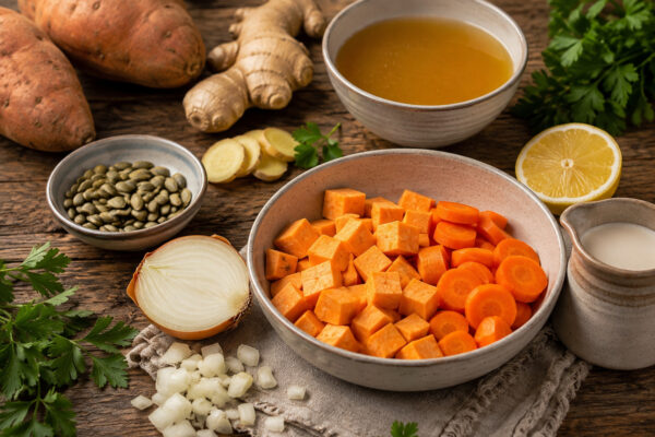 Zutaten- und Vorbereitungsansicht mit Süßkartoffeln, Möhren, Zwiebel, Ingwer, Brühe, etwas Kokosmilch oder Hafercuisine, Zitrone, Kernen und Petersilie.