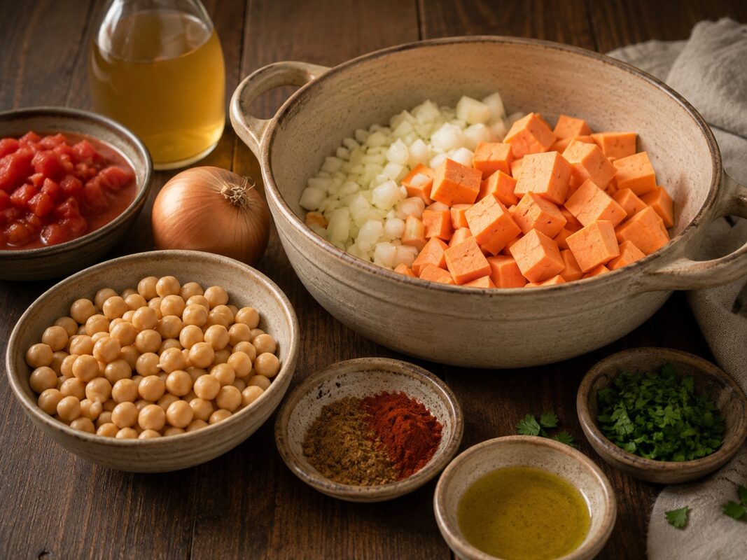 Zutaten- und Vorbereitungsansicht mit Süßkartoffelwürfeln, Kichererbsen, Tomaten, Zwiebel, Brühe, Olivenöl, Gewürzen und Kräutern.