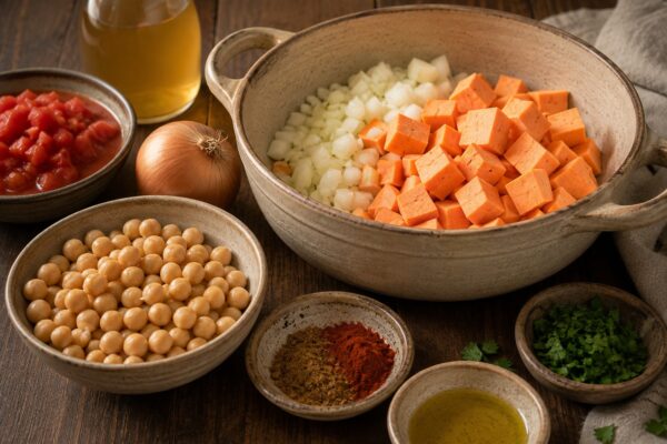 Zutaten- und Vorbereitungsansicht mit Süßkartoffelwürfeln, Kichererbsen, Tomaten, Zwiebel, Brühe, Olivenöl, Gewürzen und Kräutern.