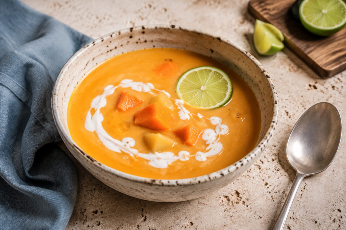 Hauptansicht des fertigen Gerichts. Rezept: Süßkartoffel-Kokos-Suppe mit Limette