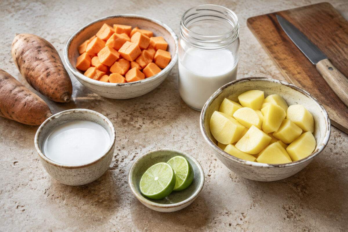 Zutaten- und Vorbereitungsansicht. Rezept: Süßkartoffel-Kokos-Suppe mit Limette
