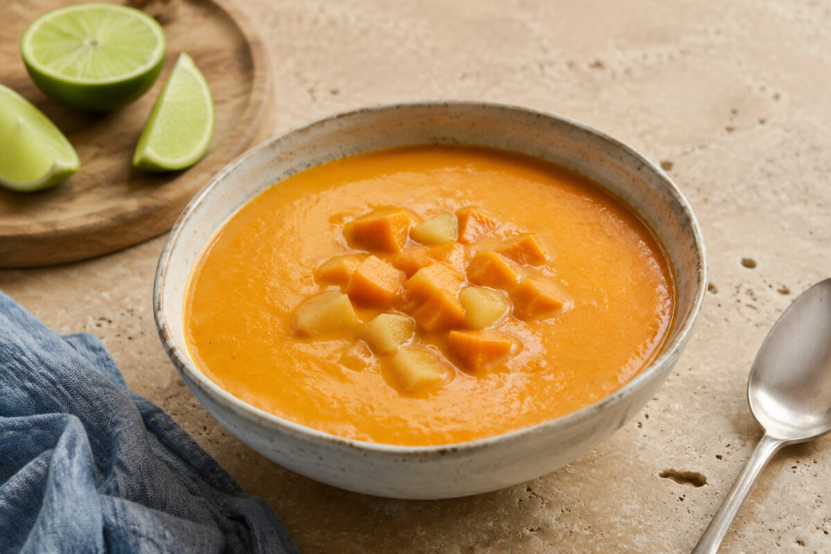 Fertiges Gericht aus alternativer Perspektive. Rezept: Süßkartoffel-Kokos-Suppe mit Limette