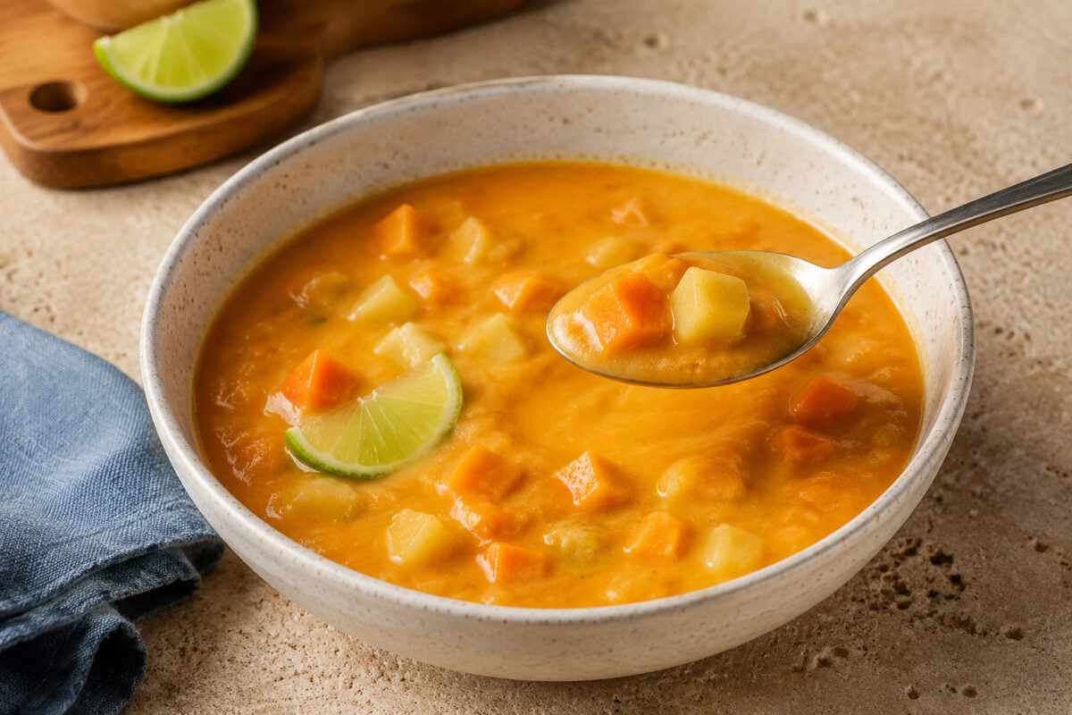 Servierszene mit dem fertigen Gericht. Rezept: Süßkartoffel-Kokos-Suppe mit Limette