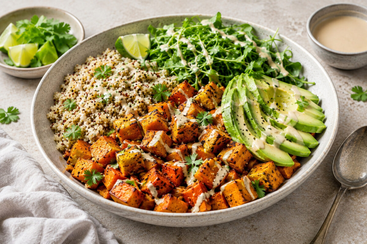 Fertige Süßkartoffel-Quinoa-Bowl mit gerösteten Süßkartoffelwürfeln, Quinoa, Avocado, grünen Blättern, Limette und Tahini-Limetten-Dressing; Hauptansicht.