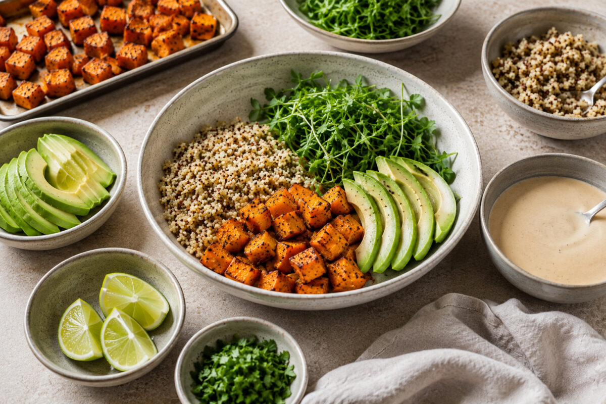 Zutaten- und Vorbereitungsansicht mit Quinoa, gerösteten Süßkartoffelwürfeln, Avocado, grünen Blättern, Limette, Kräutern und Tahini-Limetten-Dressing.