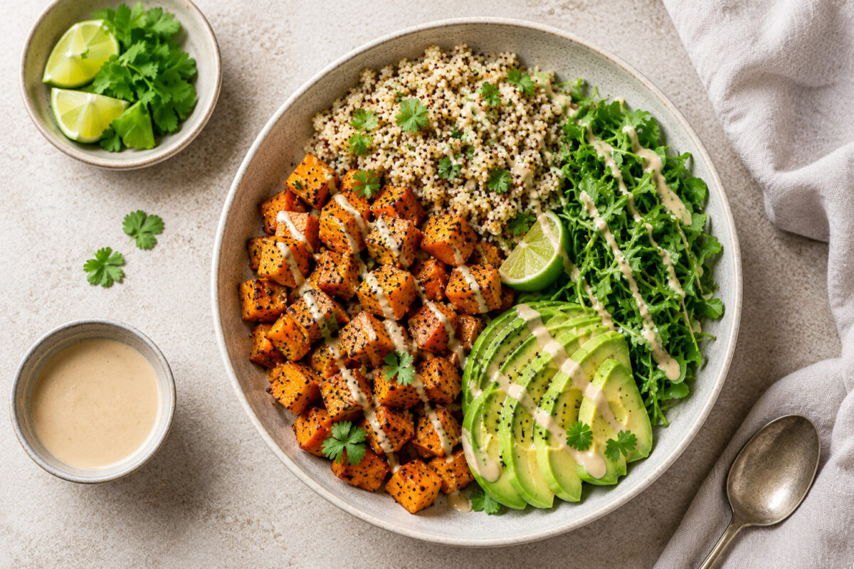 Fertige Süßkartoffel-Quinoa-Bowl in deutlich anderer, stärker von oben gezeigter Perspektive mit Quinoa, Süßkartoffeln, Avocado, Grün und Dressing.