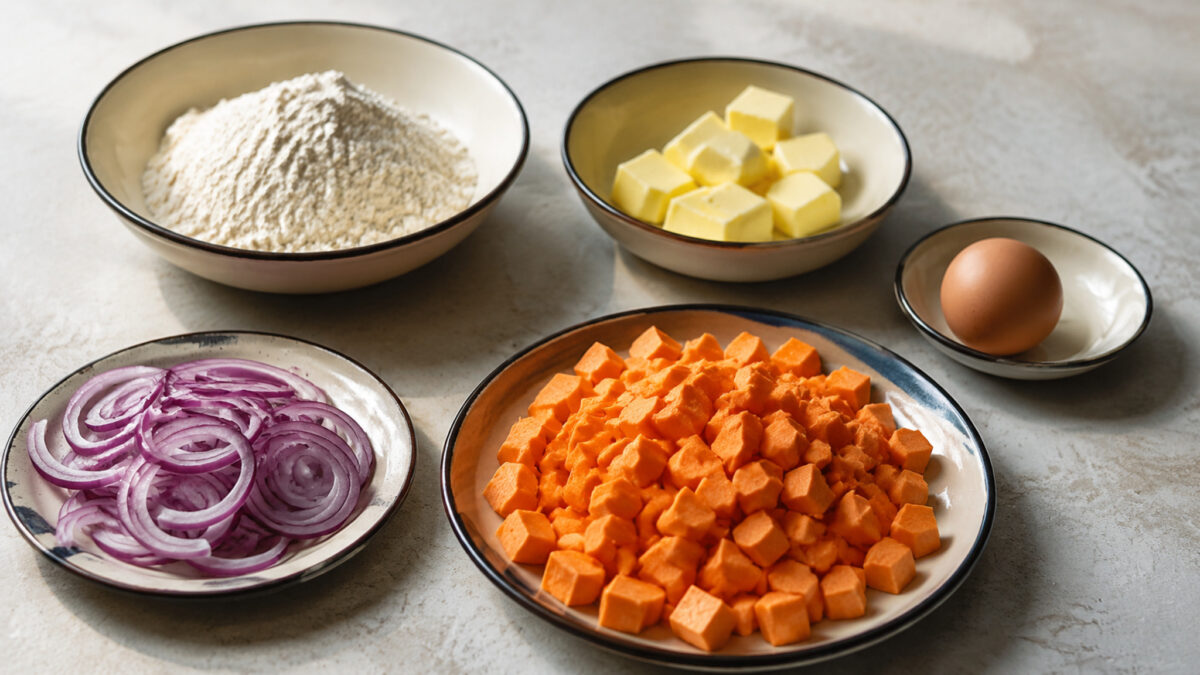 Zutaten- und Vorbereitungsansicht. Rezept: Süßkartoffel-Zwiebel-Tarte