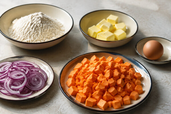 Zutaten- und Vorbereitungsansicht. Rezept: Süßkartoffel-Zwiebel-Tarte