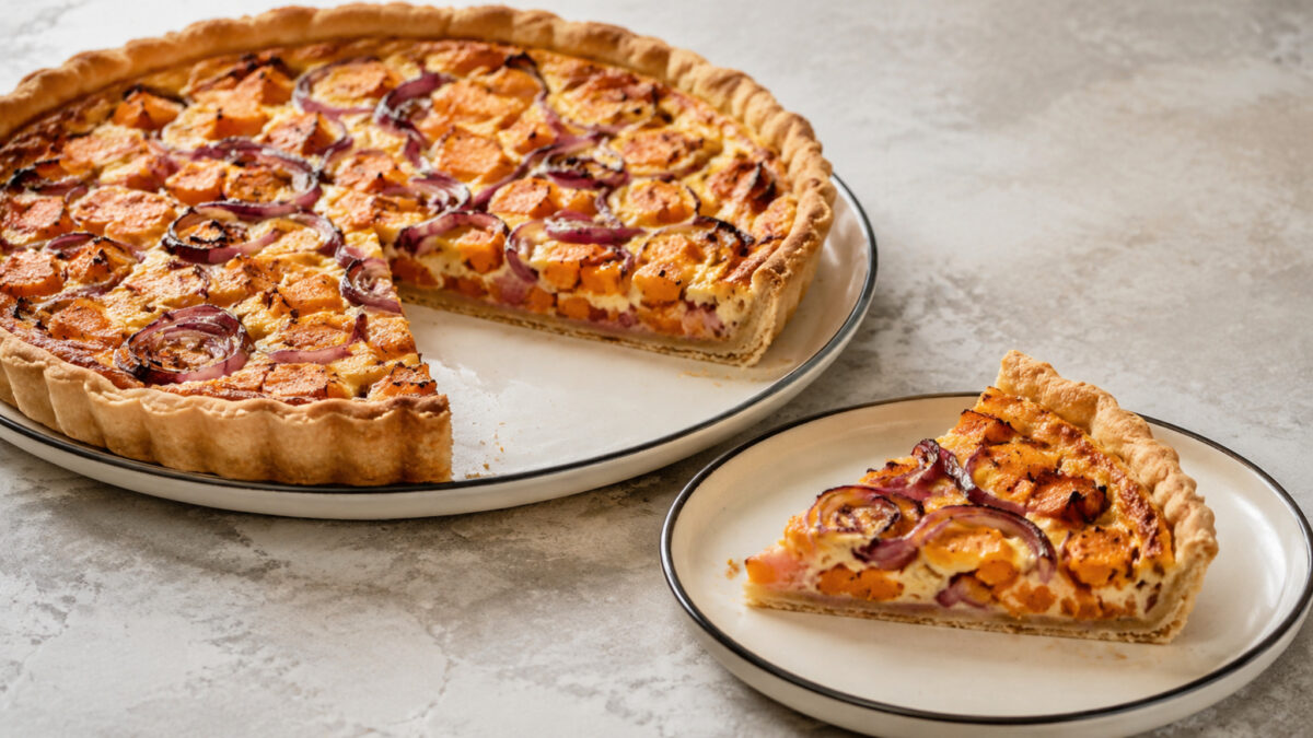 Servierszene mit dem fertigen Gericht. Rezept: Süßkartoffel-Zwiebel-Tarte