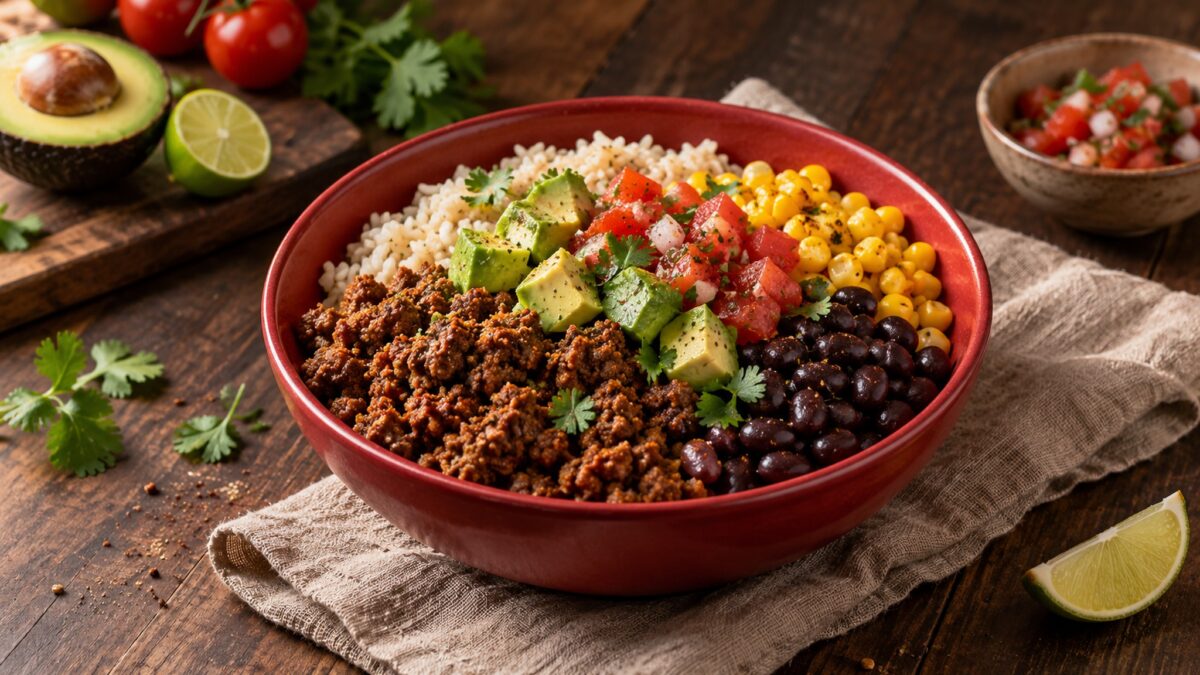 Taco-Bowl mit Rinderhack und schwarzen Bohnen