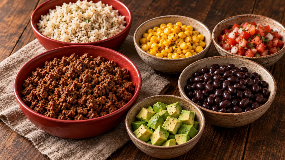 Taco-Bowl mit Rinderhack und schwarzen Bohnen