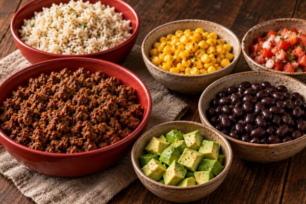 Taco-Bowl mit Rinderhack und schwarzen Bohnen