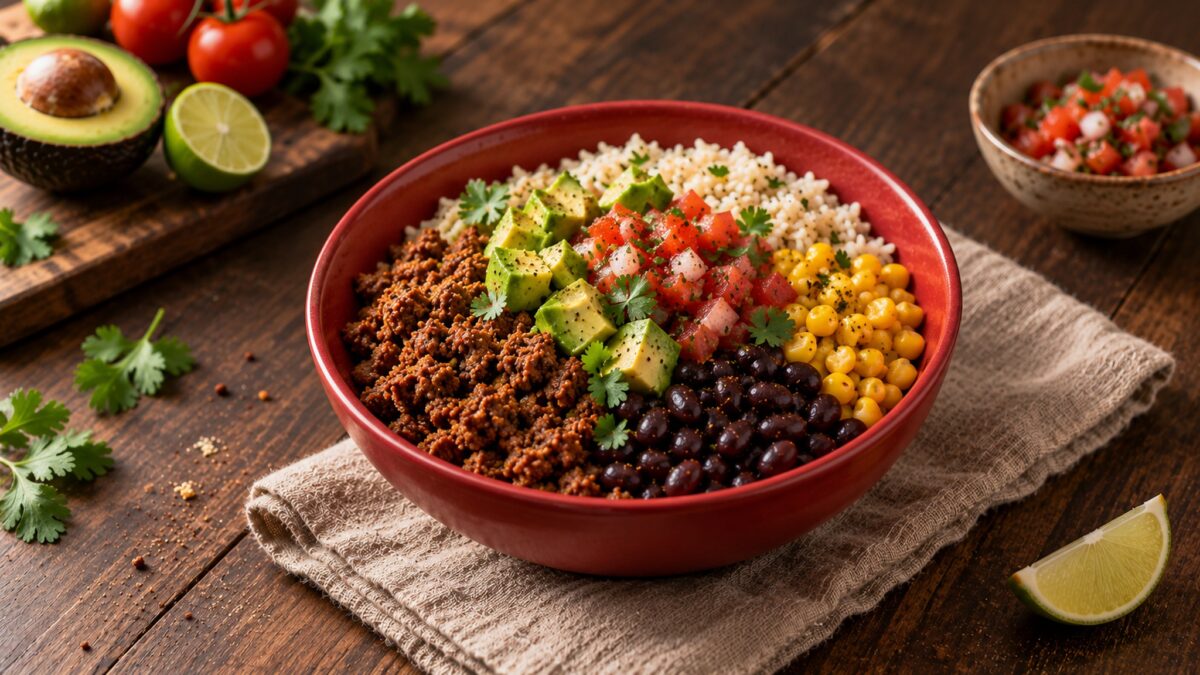 Taco-Bowl mit Rinderhack und schwarzen Bohnen