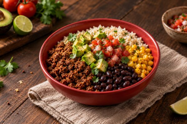 Taco-Bowl mit Rinderhack und schwarzen Bohnen