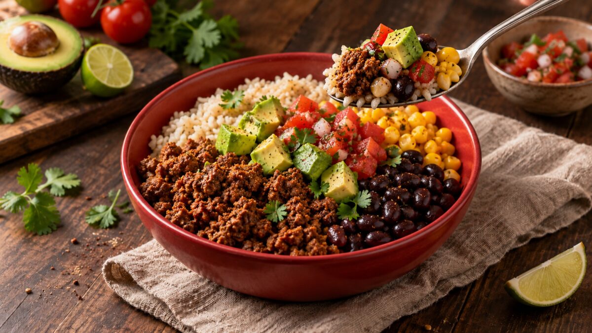 Taco-Bowl mit Rinderhack und schwarzen Bohnen