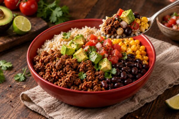 Taco-Bowl mit Rinderhack und schwarzen Bohnen