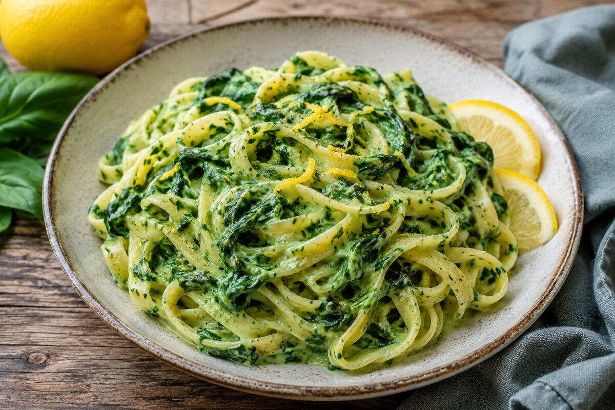 Breiter heller Teller mit cremigen Tagliatelle, deutlich sichtbarem Blattspinat, Zitronenabrieb und Zitronenscheiben.