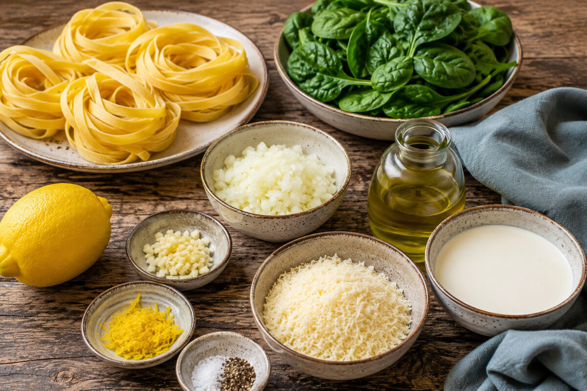 Zutaten- oder Vorbereitungsansicht mit Tagliatelle, Blattspinat, Zwiebel, Knoblauch, Olivenöl, Sahne, Zitrone, geriebenem Parmesan, Salz und schwarzem Pfeffer.