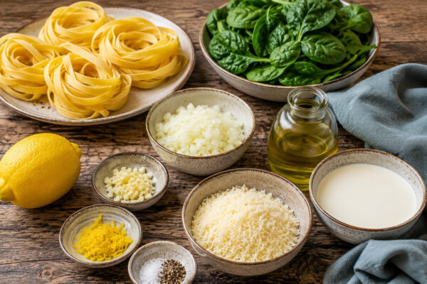 Zutaten- oder Vorbereitungsansicht mit Tagliatelle, Blattspinat, Zwiebel, Knoblauch, Olivenöl, Sahne, Zitrone, geriebenem Parmesan, Salz und schwarzem Pfeffer.