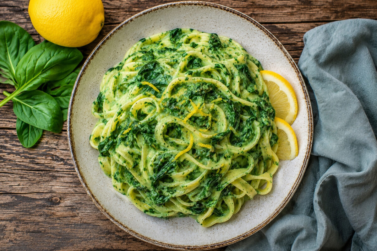 Draufsicht auf die fertigen cremigen Tagliatelle in Spinat-Zitronen-Sauce auf dem breiten hellen Teller mit Zitronenscheiben.