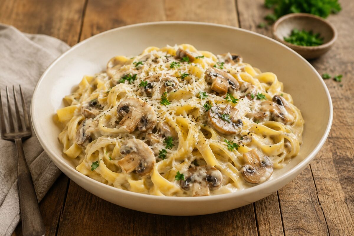 Tagliatelle in cremiger Pilzrahmsauce mit gebratenen Champignons, Parmesan, Petersilie und schwarzem Pfeffer in flacher beiger Schale auf rustikalem Holztisch.