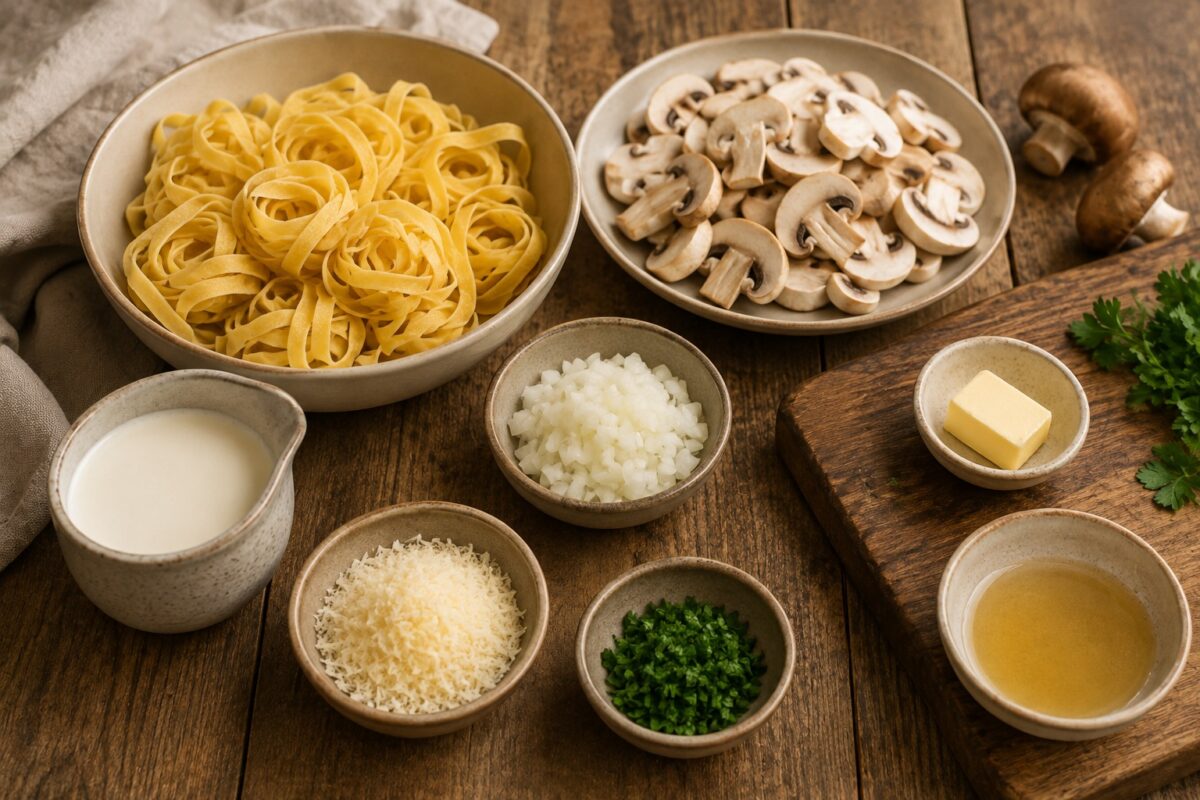 Zutaten- und Vorbereitungsansicht mit Tagliatelle, geschnittenen Champignons, fein gewürfelter Zwiebel, Sahne, Parmesan, Petersilie, Butter und Gemüsebrühe.