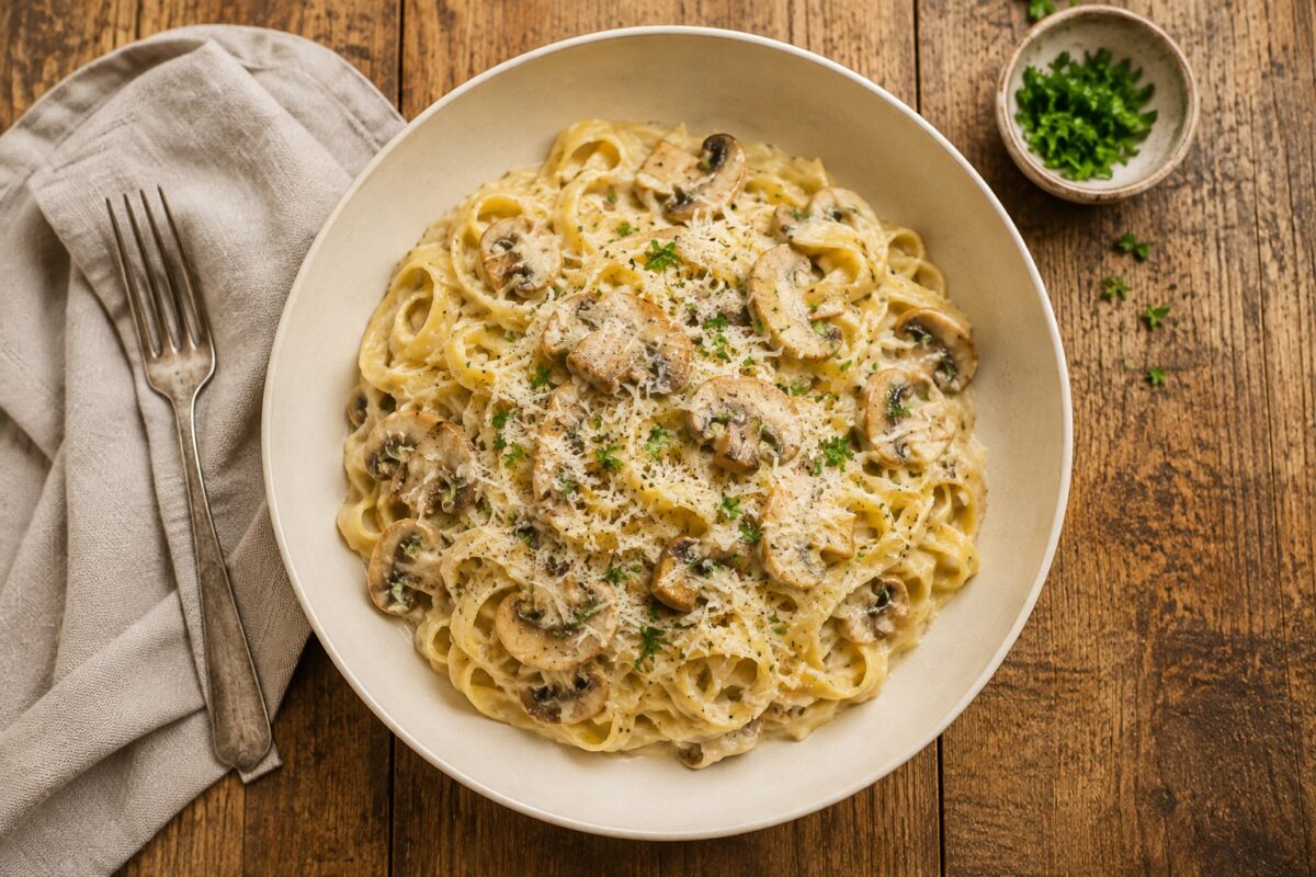 Fertige Tagliatelle mit cremiger Pilzrahmsauce aus deutlich höherer Perspektive, mit Champignons, Parmesan, Petersilie und schwarzem Pfeffer.