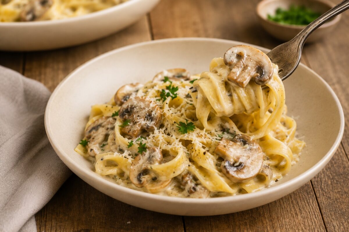 Servier- und Detailansicht der fertigen Tagliatelle mit Pilzrahmsauce; eine Gabel hebt Pasta mit Champignon aus der flachen beigen Schale.
