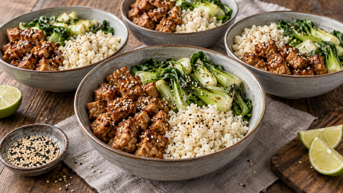 Tempeh-Pak-Choi-Bowl mit Sesam-Blumenkohlreis