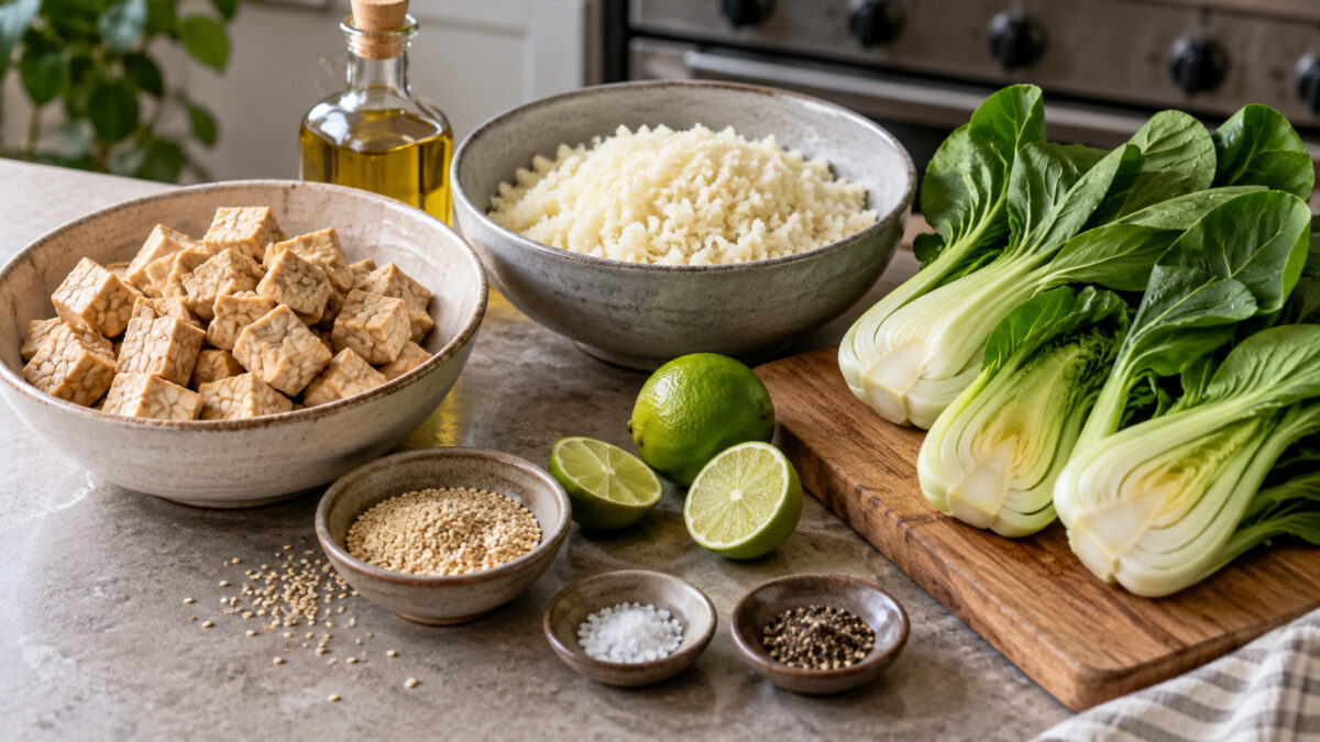 Tempeh-Pak-Choi-Bowl mit Sesam-Blumenkohlreis
