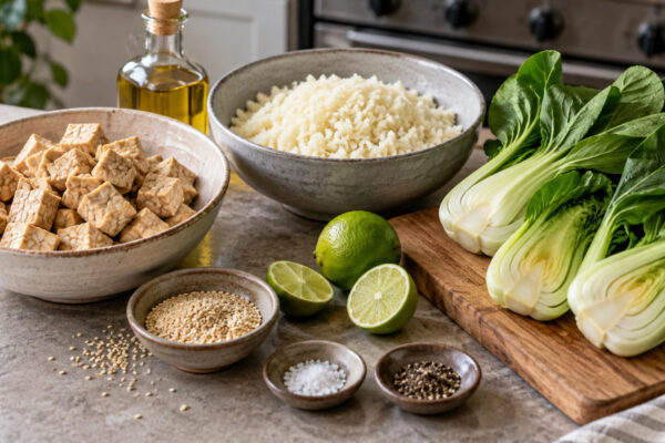 Tempeh-Pak-Choi-Bowl mit Sesam-Blumenkohlreis