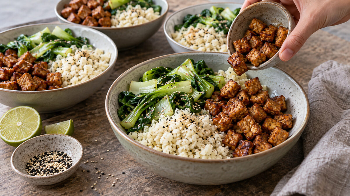 Tempeh-Pak-Choi-Bowl mit Sesam-Blumenkohlreis