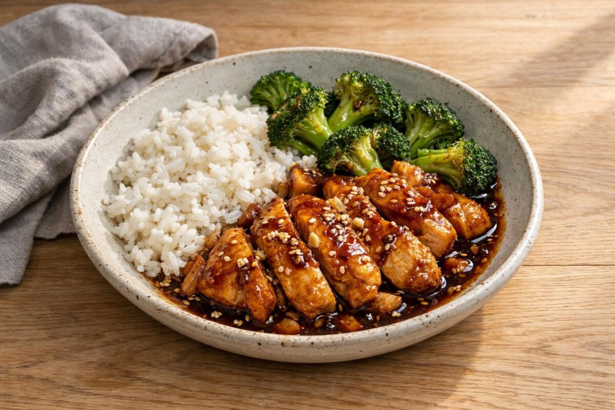 Hauptansicht des fertigen Gerichts. Rezept: Teriyaki-Hähnchen mit Brokkoli und Reis