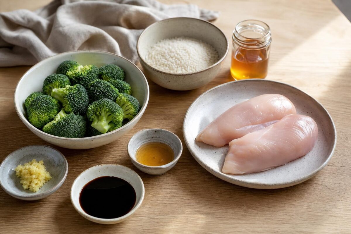 Zutaten- und Vorbereitungsansicht. Rezept: Teriyaki-Hähnchen mit Brokkoli und Reis