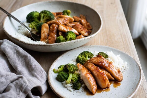 Servierszene mit dem fertigen Gericht. Rezept: Teriyaki-Hähnchen mit Brokkoli und Reis