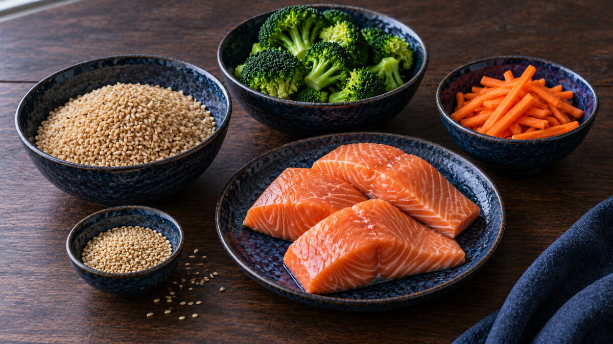Teriyaki-Lachs-Bowl mit Brokkoli und Reis