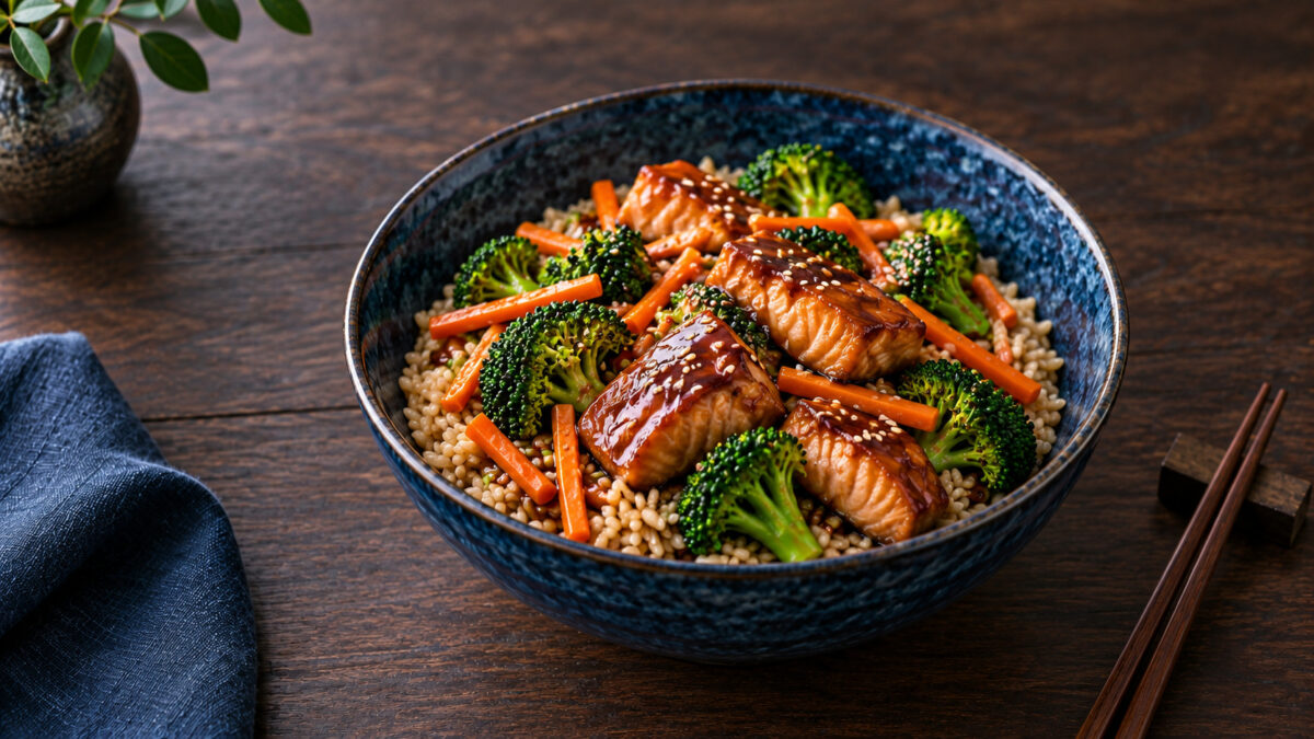 Teriyaki-Lachs-Bowl mit Brokkoli und Reis