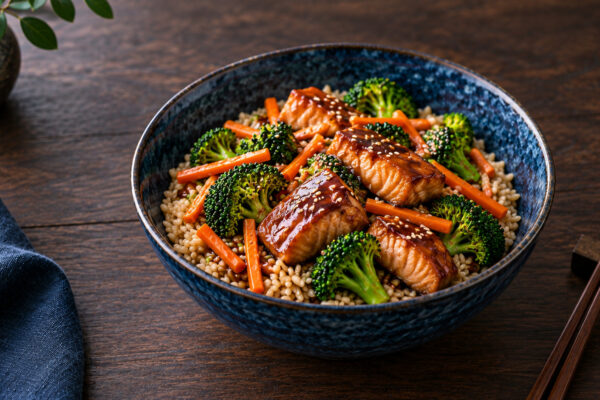 Teriyaki-Lachs-Bowl mit Brokkoli und Reis