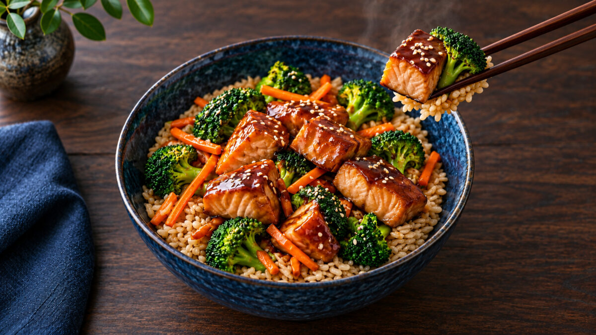 Teriyaki-Lachs-Bowl mit Brokkoli und Reis