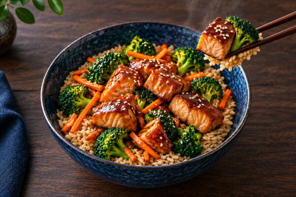 Teriyaki-Lachs-Bowl mit Brokkoli und Reis