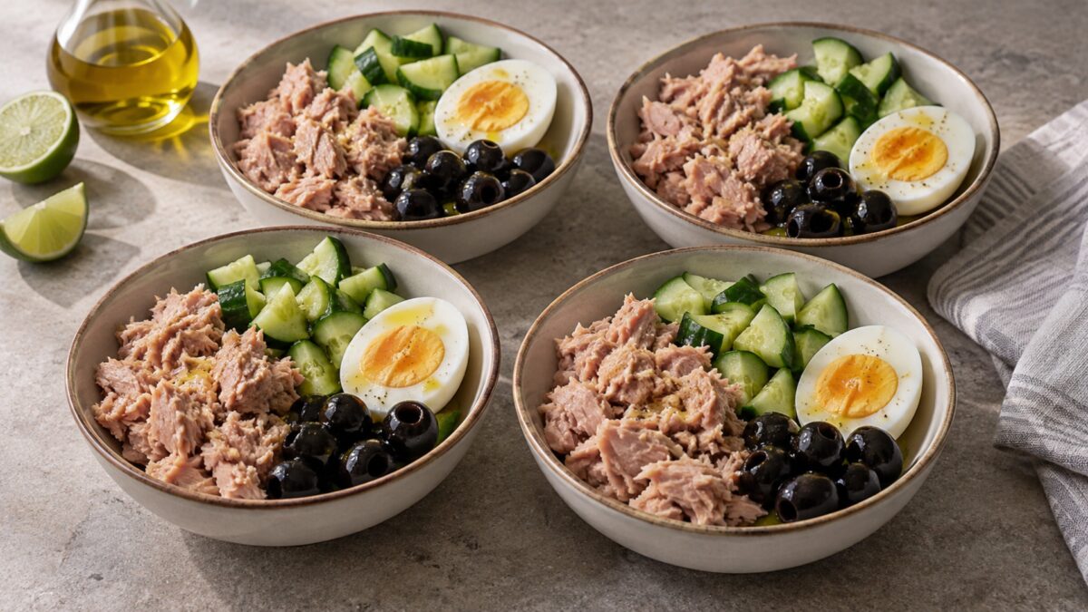 Thunfisch-Ei-Bowl mit Gurke und Oliven